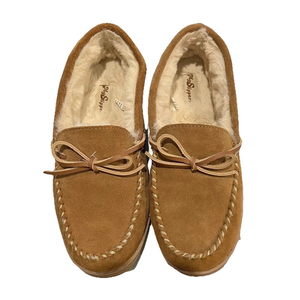 My Slippers Women's Brown Suede Faux Fur Lined Moccasin Slippers  Size 9  Cozy